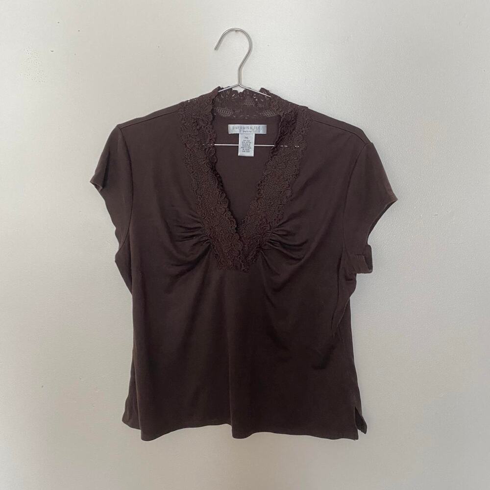 VTG Brown Silk Lace V-Neck Short Sleeve Blouse Women's XL